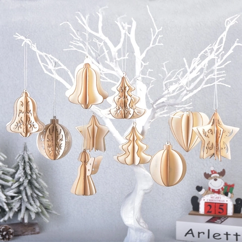 Wooden 3D Christmas Hanging Ornaments DIY Hollow Out Star Angel Bell Tree Ball Festive Holiday Home Decoration Accessories