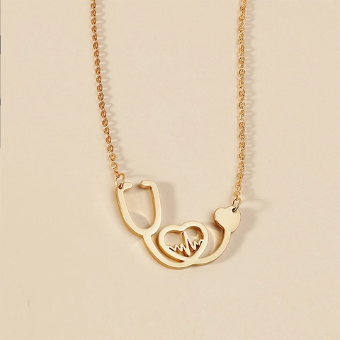 Minimalist Titanium Steel Stethoscope Heart ECG Pendant Necklace Women Medical Nurse Doctor Jewelry Gold Silver Necklace