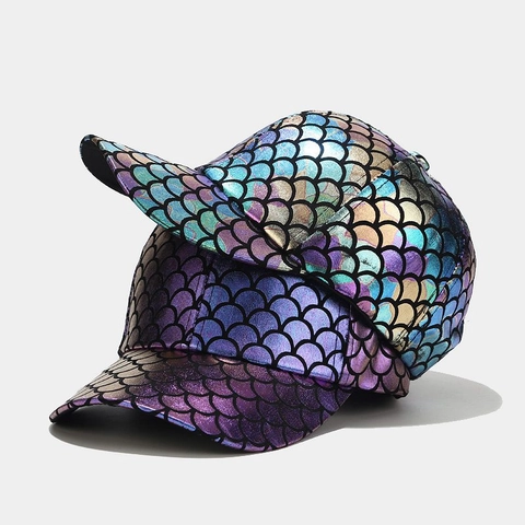 Holographic Fish Scale Baseball Cap Iridescent Mermaid Scale Pattern Metallic Adjustable Street Hiphop Peaked Hat Unisex