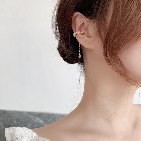 Elegant Freshwater Pearl Ear Cuff Long Tassel Zircon Star Teardrop Dangle Alloy Gold Plated No Piercing Jewelry Women