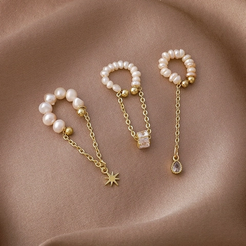 Eleganti Ear Cuffs Con Perle D'acqua Dolce Per Orecchie Non Forate Lega Dorata Nappa A Catena Lunga Zircone Stile Coreano