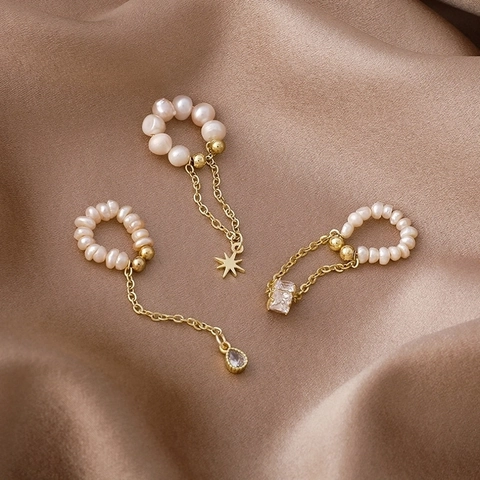 Elegant Freshwater Pearl Ear Cuff Long Tassel Zircon Star Teardrop Dangle Alloy Gold Plated No Piercing Jewelry Women