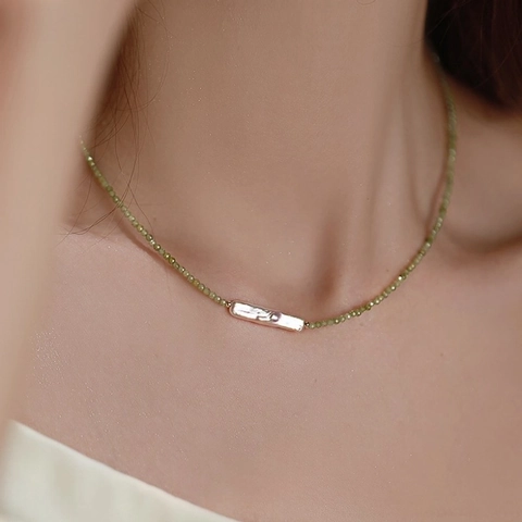 Olive Green Zircon Beaded Necklace And Bracelet With Baroque Freshwater Pearl Copper Gold Plated Elegant Jewelry Women