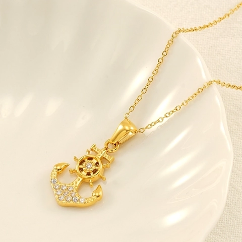 Collana Con Pendente Ancora Timone Placcata Oro 18K Acciaio Inossidabile Con Zirconia Gioielli Nautici Per Donna