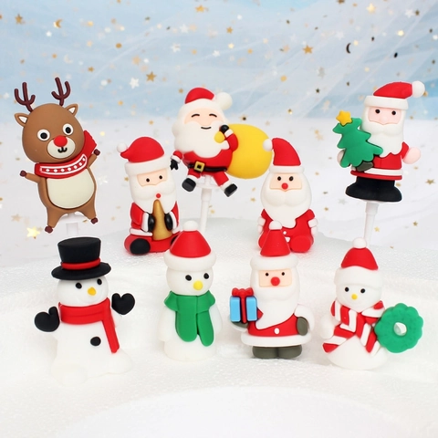 Christmas Cake Toppers PVC Soft Glue Santa Claus Snowman Reindeer Tree For Holiday Party Dessert Decoration Ornaments