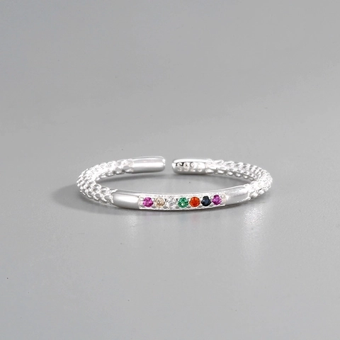 S925 Sterling Silver Rainbow Zirconia Open Ring For Women Minimalist Adjustable Colorful Stone Geometric Finger Ring Jewelry Gift