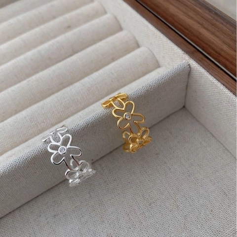 925 Sterling Silber Blumenring Hohl Zirkon Verstellbarer Offener Schmuck Vintage Zierlich Für Frauen