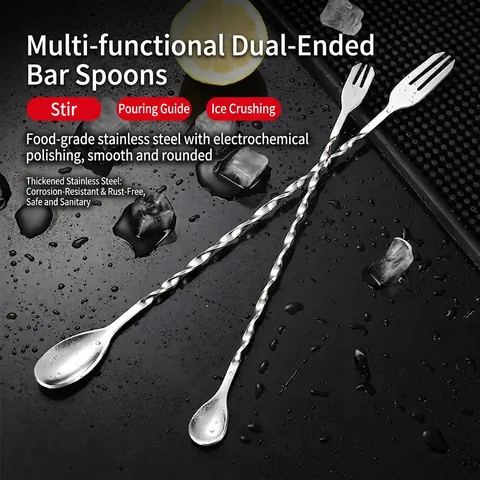 Professional Stainless Steel Cocktail Bar Spoon Stirrer Spiral Handle Mixing Spoon With Fork Tip Polished Barware