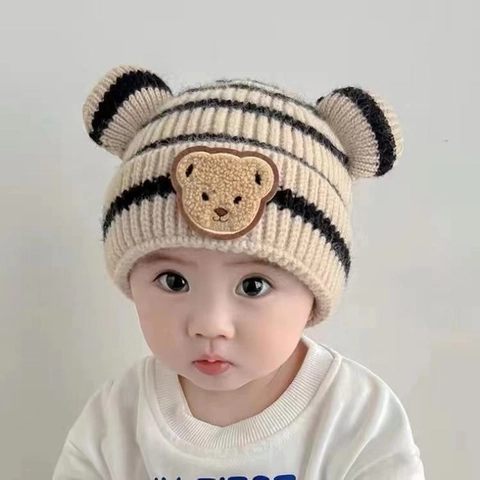 Kids Striped Warm Knit Beanie Hat With Bear Ears Soft Thermal Toddler Winter Cap For Boys Girls Baby Outdoor Headwear