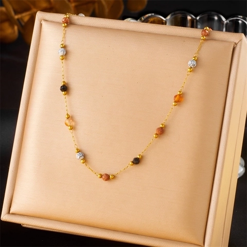 Vintage Niche Stainless Steel Necklace For Women Gold Plated With Colorful Natural Stone Beads Minimalist Chain