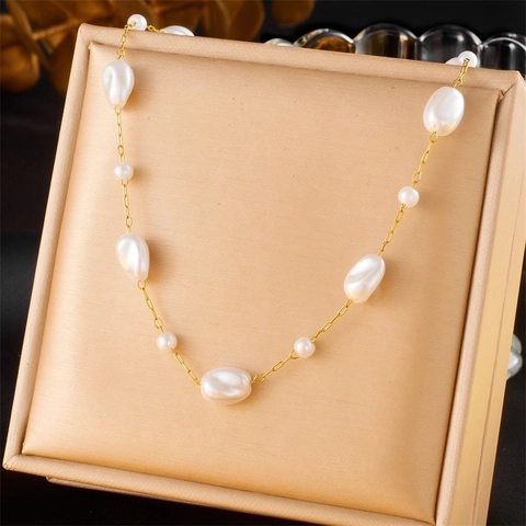 Collar Y Pulsera De Perlas Barrocas Artificiales Irregulares Acero Inoxidable Cadena Chapada En Oro Joyería Para Mujer Elegante