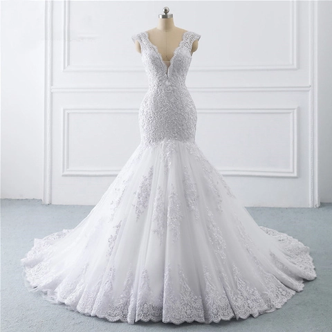 White Mermaid Wedding Dress Lace Sequin Deep V Neck Sleeveless Backless Long Train Bridal Gown Elegant Vintage Slim Fit