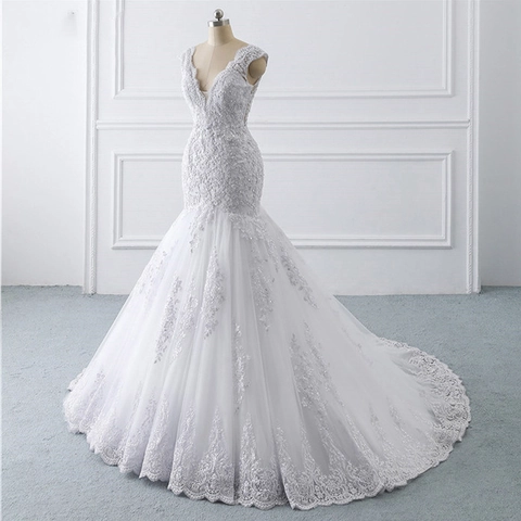 White Mermaid Wedding Dress Lace Sequin Deep V Neck Sleeveless Backless Long Train Bridal Gown Elegant Vintage Slim Fit