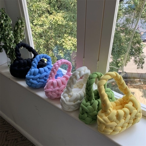 Handmade Knitted Handbag Sweet Candy Color Woven Tote Bag Casual Portable Clutch For Women