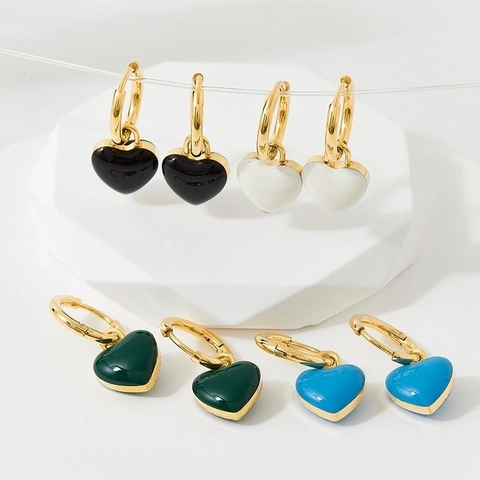 Boucles d'Oreilles Créoles en Acier Inoxydable Cœur pour Femmes Style Français Rétro Plaquées Or Émail Pendentif Bijoux
