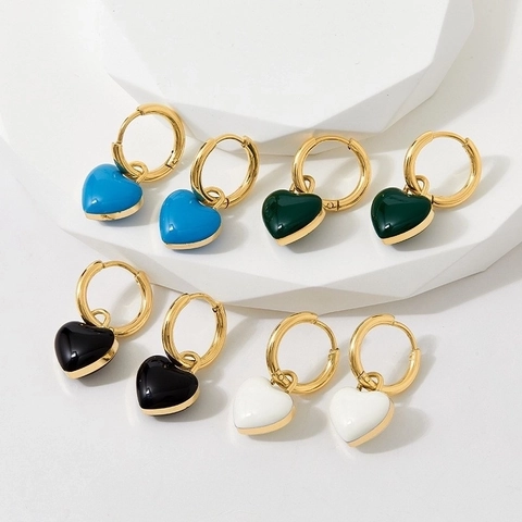 Boucles d'Oreilles Créoles en Acier Inoxydable Cœur pour Femmes Style Français Rétro Plaquées Or Émail Pendentif Bijoux
