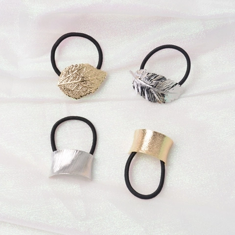 Minimalist Metal Hair Tie Alloy Leaf Feather Geometric Ponytail Holder Elastic Band For Women Elegant Hair Accessories