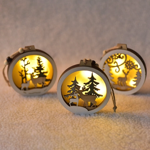 Adorno Colgante Luminoso LED De Madera Navidad Colgante Redondo Hueco Reno Bosque Árbol Decoración Hogar