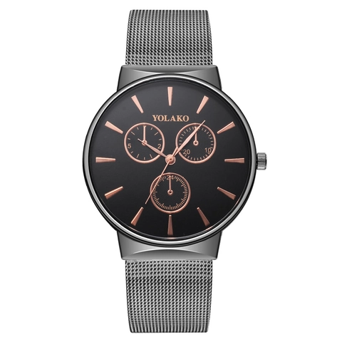 Fashion Men Quartz Watch With Milanese Mesh Metal Band Round Three Eye Dial Business Casual Wristwatch Elegant