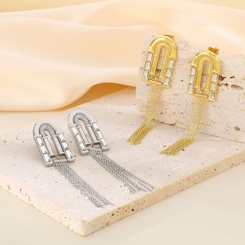 Boucles Oreilles Pendantes Gland Arche Géométrique Acier Inoxydable Chaîne Longue Zircon Rectangulaire Bijoux Femme