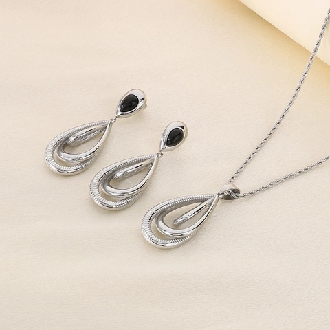 Collana E Orecchini A Goccia D Acqua In Acciaio Inossidabile Per Donna Cerchi Geometrici Smalto Nero Stile Minimalista