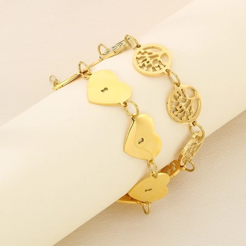 Vergoldetes Edelstahl Armband Für Damen Hohl Herzförmig Lebensbaum Design Eleganter Schmuck