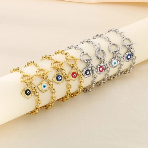 Pulsera de Ojo Turco de Acero Inoxidable con Cierre OT Cadena de Eslabones Gruesos Joyas Bañadas en Oro de 18K para Mujer