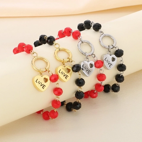 Vintage Heart Love Letter Engraved Stainless Steel Beaded Bracelet For Women Gold Silver Plated Artificial Crystal Heart Charm Bracelet