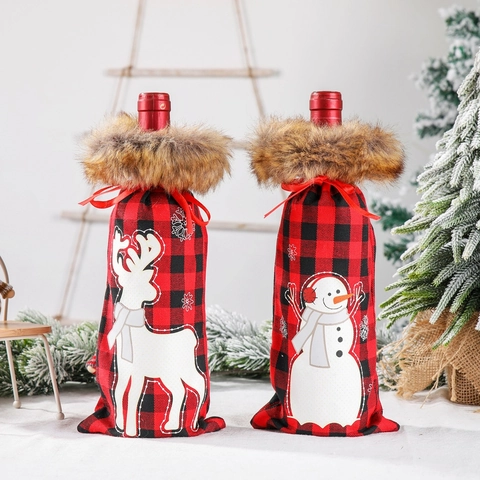 Christmas Wine Bottle Cover Red Black Buffalo Plaid Faux Fur Collar Snowman Reindeer Holiday Party Table Decor