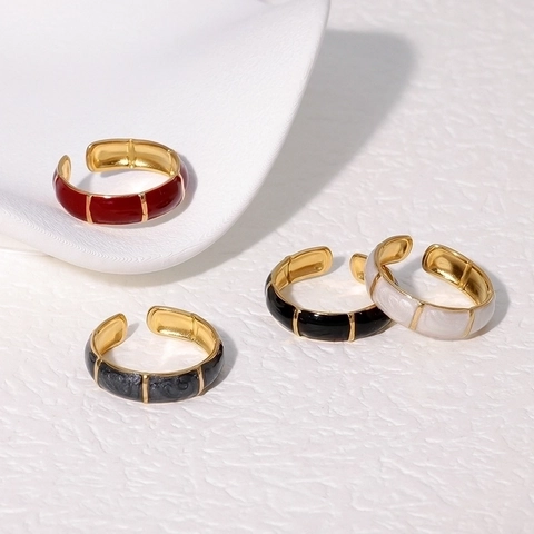 Edelstahl Ring Bambusgelenk Design 18K Vergoldet Emaille Tropföl Verstellbar Offen Mode Schmuck Damen