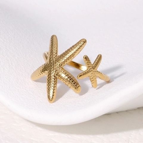 Seestern Edelstahl Verstellbarer Offener Ring Ozean Thema Strukturierter Strandschmuck Für Frauen