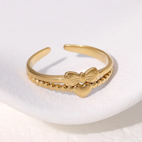 Anillo De Acero Inoxidable Con Lazo De Corazón De Moda Ajustable Diseño De Capas Joyería Dulce Para Mujer Accesorio Elegante