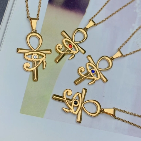 Collana con Pendente a Croce Ankh e Occhio di Horus in Acciaio Inossidabile Zirconia Placcato Oro Catena a O Gioielli Donna