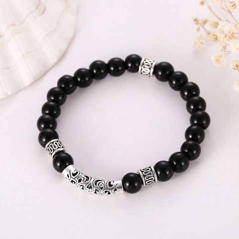 Obsidian Beaded Bracelet With Vintage Alloy Hollow Tube Ethnic Elastic Jewelry For Men