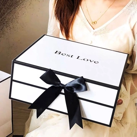 Gift Box Paper Bag Flip Top Hard Cardboard Black And White Minimalist Ribbon Bowknot Best Love Printing Party Anniversary