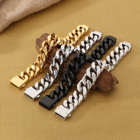 Men Cuban Chain Bracelet Stainless Steel Vintage Heavy Duty Punk Polished Wide Link Jewelry For Male Square Clasp