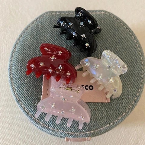 Mini Pince À Cheveux En Acétate Décoration Élégante En Strass Petite Demi Ronde Style Français Fait À La Main