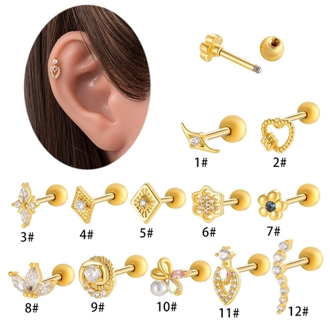 Stainless Steel Copper Helix Piercing Ear Cartilage Studs Zircon Inlaid Flower Heart Geometric Screw Back Jewelry For Women