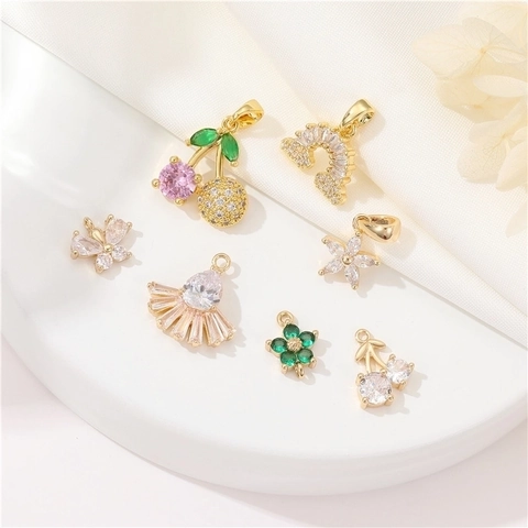 Micro Pave Zircon Pendants Charms 14K Gold Plated Copper For DIY Jewelry Making Butterfly Cherry Flower Rainbow Fan