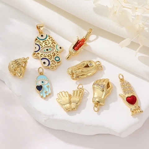 Hamsa Hand Böser Blick Anhänger 14K Vergoldet Kupfer Zirkon Emaille Charms Für DIY Schmuckherstellung Boho Stil