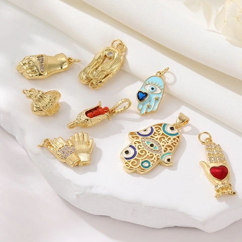 Hamsa Hand Böser Blick Anhänger 14K Vergoldet Kupfer Zirkon Emaille Charms Für DIY Schmuckherstellung Boho Stil