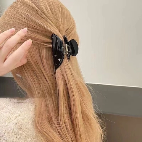 Black Semicircular Hair Claw Clip Rhinestone Starry Elegant Glossy Plastic Shark Clip For Women Girls Half Tie Hair Accessory