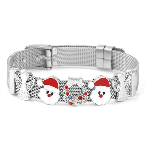 Bracciale Charm in Maglia di Acciaio Inossidabile di Natale Per Donna Babbo Natale Angelo Strass Gioielli Festivi Regali