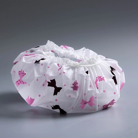 Reusable Waterproof Shower Cap For Women Thickened EVA Bathing Hat With Elastic Band Lace Trim Cute Cartoon Patterns