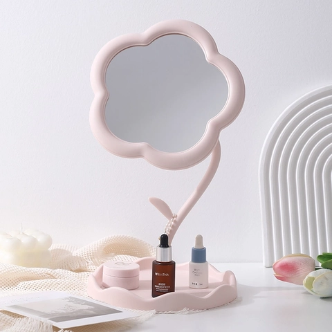 Specchio Da Trucco Da Tavolo A Forma Di Fiore Plastica Con Base Vassoio Rotante Specchio Estetico Carino Per Dormitorio