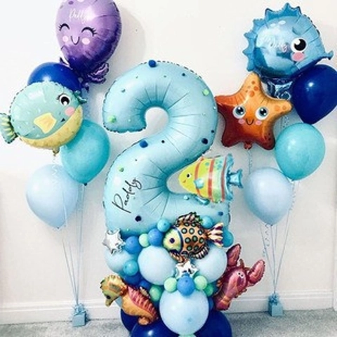 Ocean Theme Number Balloon Foil Undersea Animal Octopus Seahorse Starfish Birthday Party Decoration Kids Colorful