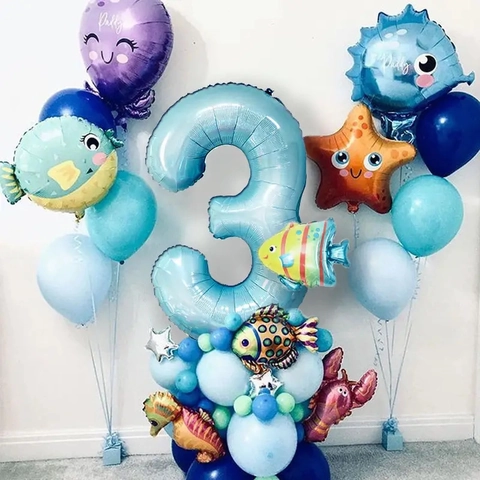 Ocean Theme Number Balloon Foil Undersea Animal Octopus Seahorse Starfish Birthday Party Decoration Kids Colorful