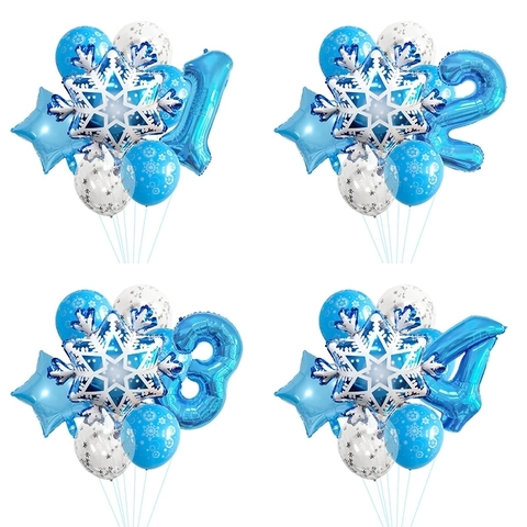 Ballons En Feuille D'Aluminium Flocon De Neige Et Ballons En Latex Imprimés Décorations De Fête D'Anniversaire Pays Des Merveilles Hivernales Bleu Blanc