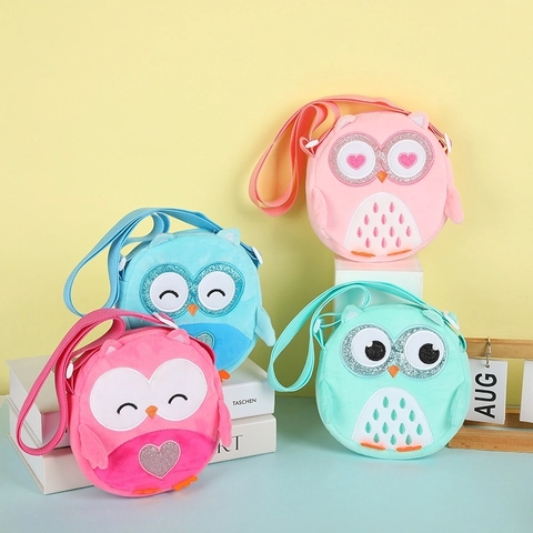 Kids Plush Crossbody Bag Cartoon Owl Shape Heart Sequin Decor Soft Short Plush Small Shoulder Purse For Girls Children