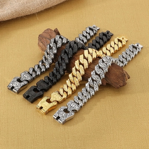 Pulsera De Cadena De Acero Inoxidable Para Hombre Totem Grabado Vintage Joyería Punk Rock